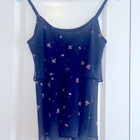 CAbi layered sheer blouse tank.  Navy with floral print. - Picture 2 of 6